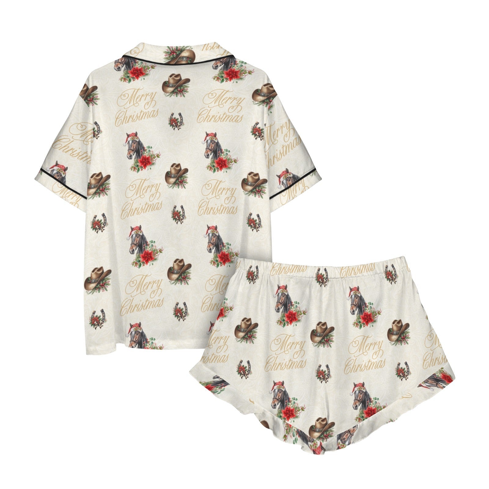 Baha Ranch Christmas Horses Cowgirl Western Satin Short Pajama Set Baha Ranch Western Wear