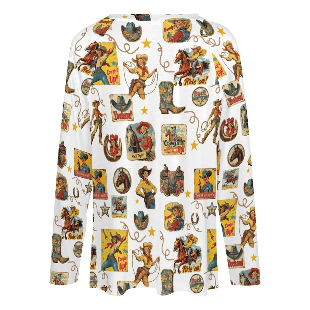 Baha Ranch Vintage Cowgirl Collage Western Print Long Sleeve Top Baha Ranch Western Wear