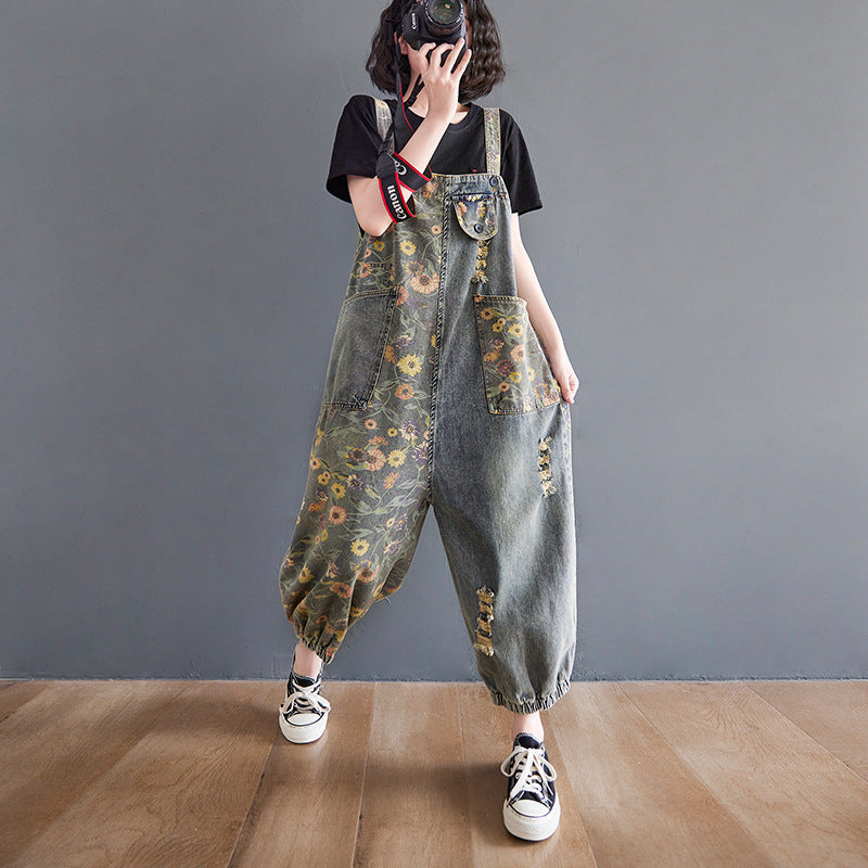 Women's Retro Nostalgic Print Ripped Denim Overalls