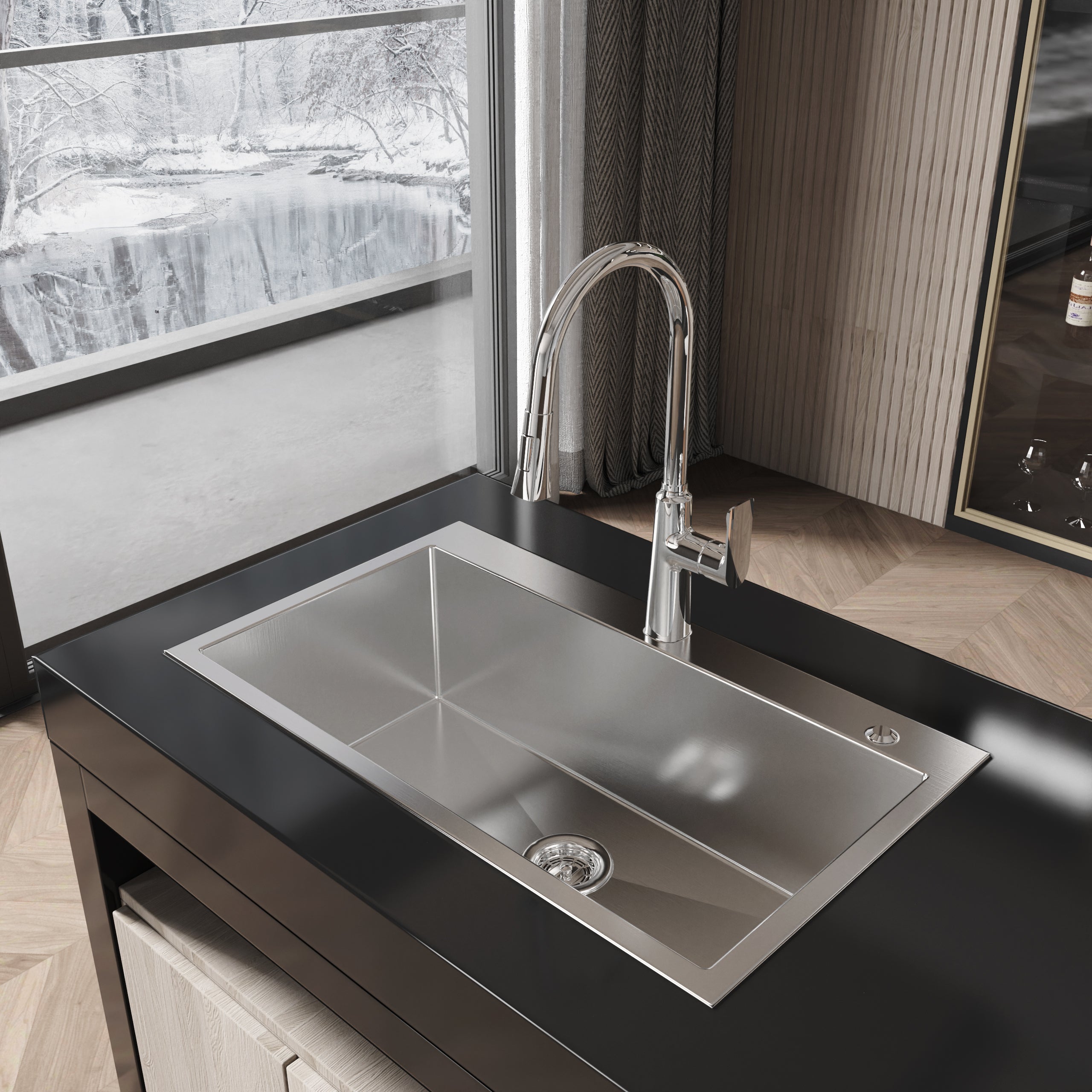 Stainless Steel Kitchen Sink, 32″x19″ Single Bowl, Overmount Handmade Sink in Brushed Nickel, with US Standard Drain and Hook, LS-SSBR02