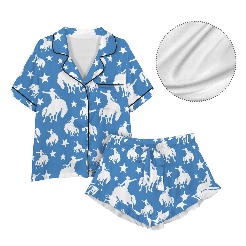 Baha Ranch Blue Bronc Satin Ruffle Hem Pajama set Baha Ranch Western Wear
