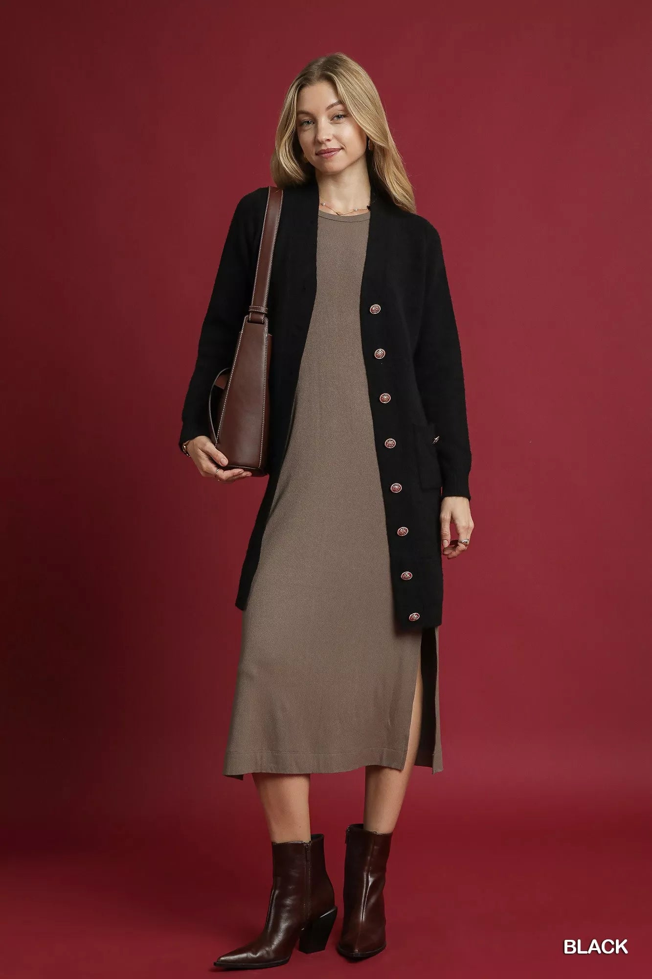 Umgee Button-Down Longline Sweater Cardigan with Front Pockets