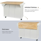 Kitchen Cart with Rubber wood Drop-Leaf Countertop ,Cabinet door internal storage racks,Kitchen Island on 5 Wheels with Storage Cabinet and 3 Drawers for Dinning Room,White
