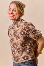 SO ME Texture Floral Mesh Top With Back Button Closure