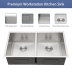 Brushed Nickel Undermount Double Bowl Kitchen Sink 33 x 19 in 16 Gauge Stainless Steel with 9 Inch Deep Basin