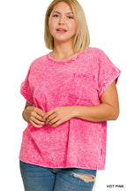 Zenana Full Size Crinkle Washed Round Neck Folded Short Sleeve Tee Plus Size