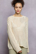 POL Openwork Round Neck Knit Top with Shiny Detail