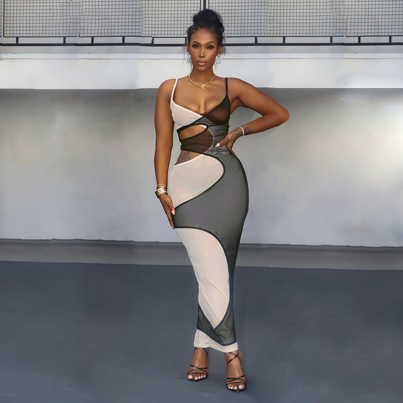 Mesh Stitching Contrast Color V-neck Hollow-out Camisole Midriff Outfit Sexy Hot Girl Temperament Jumpsuit Dress