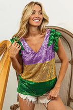 BiBi Mardi Gras Sequin Color Block Ruffled  Top