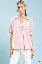 Umgee Pinstripe V-Neck Ruffle Sleeve Blouse