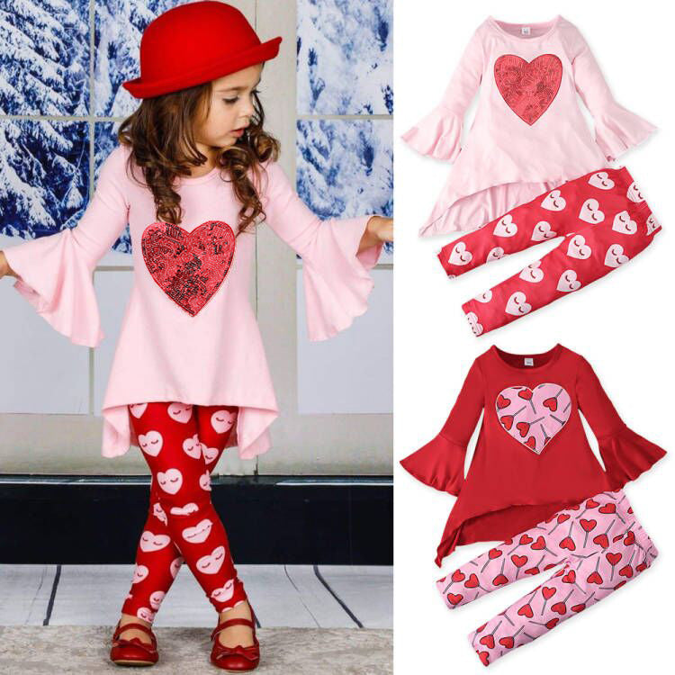 Fashion Flared Sleeve Top Trousers Love Pattern Two-piece Suit