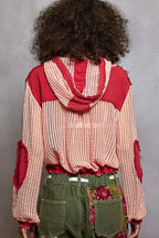 POL Texture Woven Button Down Hooded Shirt with Drawstring Hem