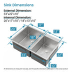 33'x19' Embedded Double Bowl Kitchen Sink, Overmount Handmade Sink in Brushed (Sink only)
