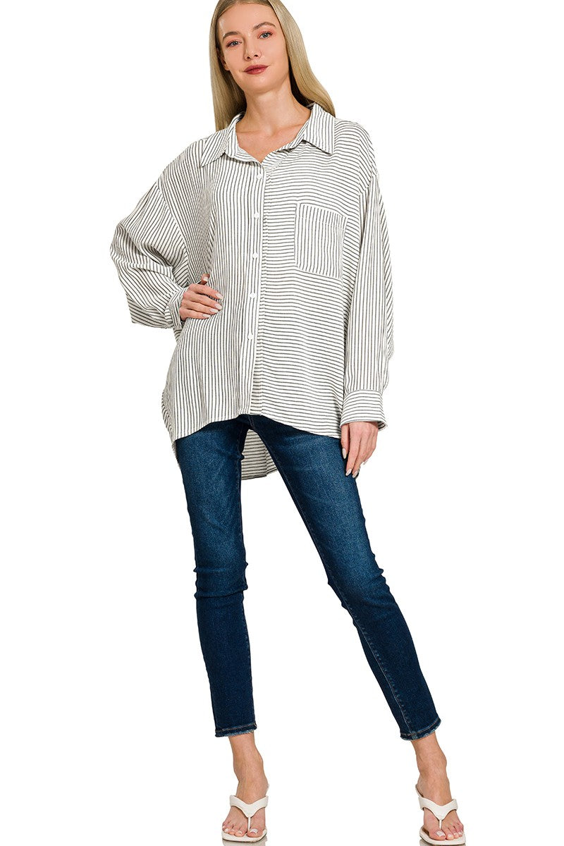 Zenana Woven Stripe Button Down Shirt