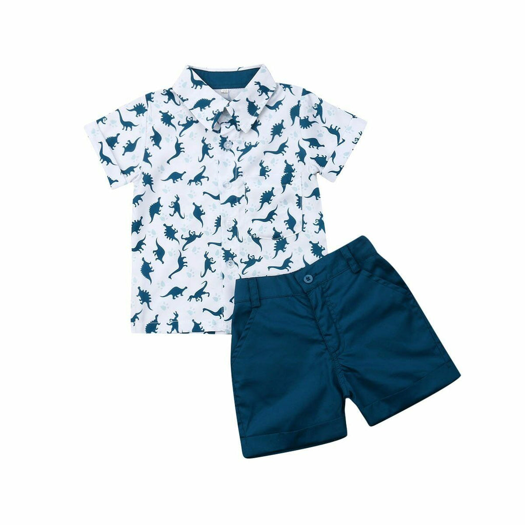 Summer Cartoon Dinosaur Print Short-sleeved Shirt Top Solid Color Two-piece Suit