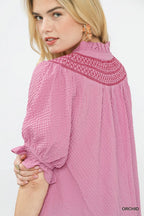 Umgee Textured Henley Blouse with Ruffle Cuffs