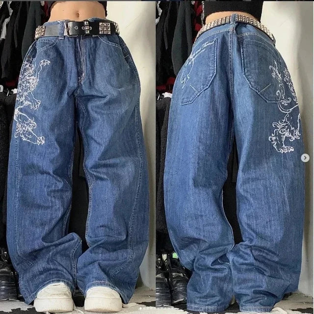 High Waist Retro Distressed Black Gray Wide-leg Jeans