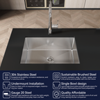 Stainless Steel Kitchen Sink, 27″x19″ Single Bowl, Undermount Handmade Sink in Brushed Nickel, with US Standard Drain and Hook, LS-SSBR06