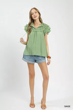 Umgee Ruffled Flutter Sleeve Textured Blouse