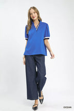 Umgee Luxe knit Contrast Trim Puff Sleeve Top