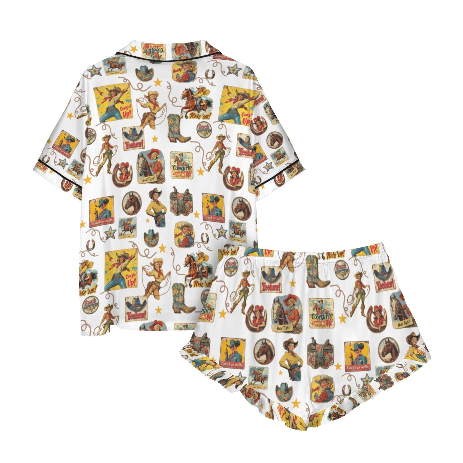 Baha Ranch Vintage Cowgirl Collage Western Satin Ruffle Pajama Set Baha Ranch Western Wear