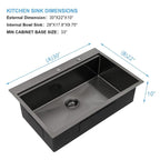 30' x 22' Black Drop In Kitchen Sink,  16 Gauge Stainless Steel Workstation Sink
