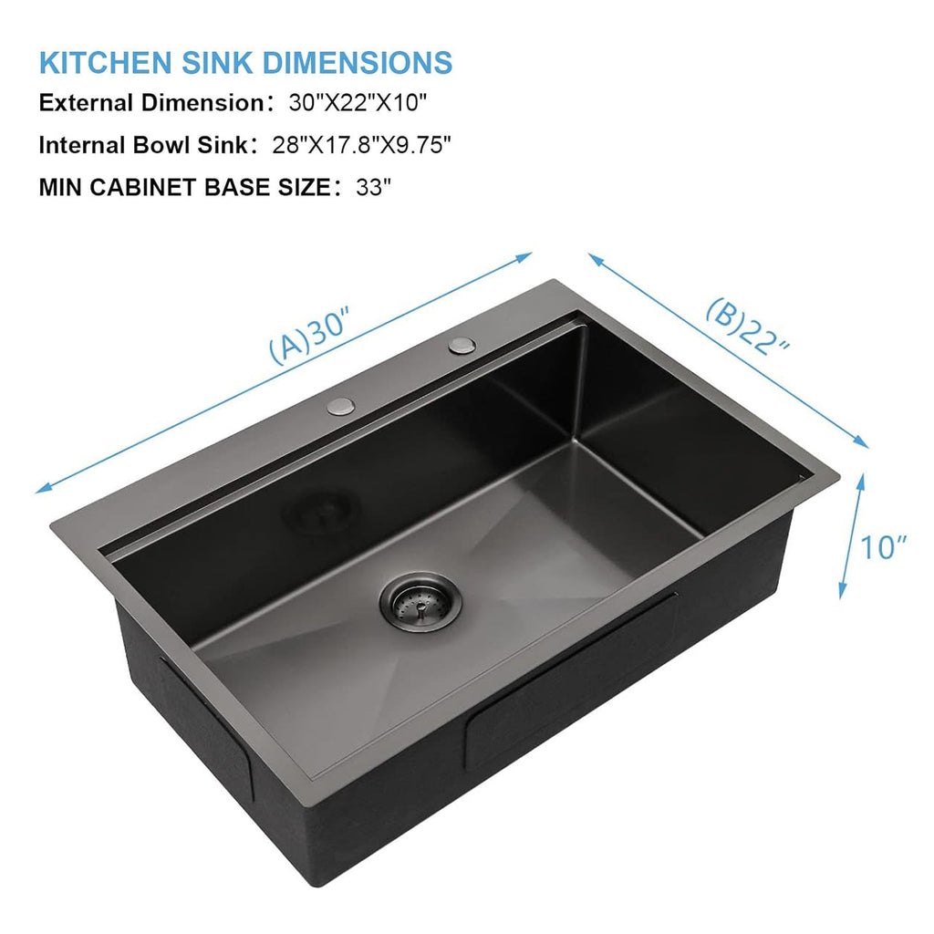 30' x 22' Black Drop In Kitchen Sink, 16 Gauge Stainless Steel Workstation Sink