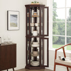 Lighted Corner Curio Cabinet - Glass Display Shelf with Tempered Glass Doors, Adjustable Shelving, and Included Bead Bulb - Ideal Bar Cabinet for Home Decor- DARK CHERRY