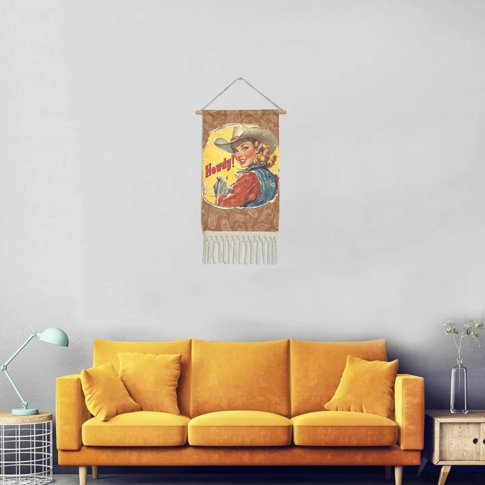 Howdy Vintage Cowgirl Western Wall Decor Linen Hanging Poster with Fringe Made in America Baha Ranch Western Wear