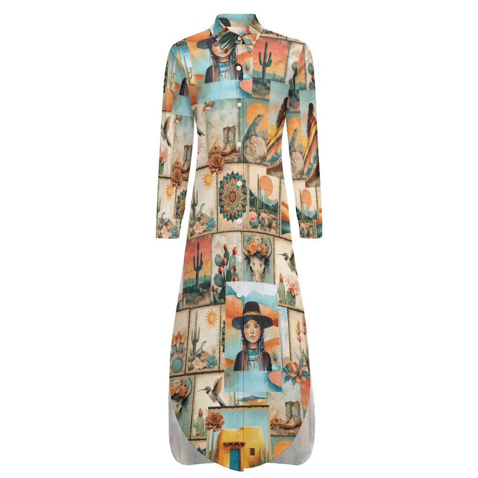 Colores de Mexico Pictures of the Southwest Button-Up Long Sleeve Shirt Dress Duster Baha Ranch Western Wear