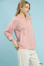 Umgee Striped V-Neck Button Down Top