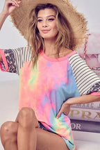 BiBi Tie Dye French Terry Top With Stripe Raglan