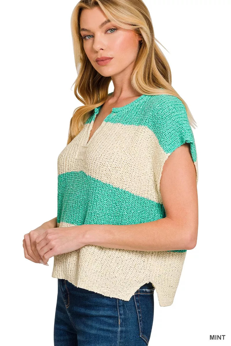 Zenana Split Neck Sleeveless Stripe Sweater