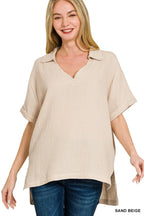 Zenana Double Gauze Short Sleeve High-Low Top