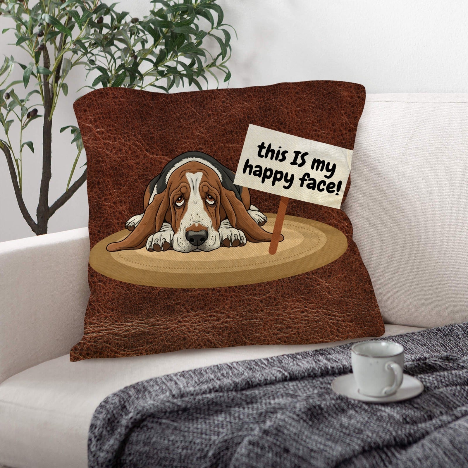 Baha Ranch Basset Hound This is My Happy Face Throw Pillow Case Made in America Baha Ranch Western Wear