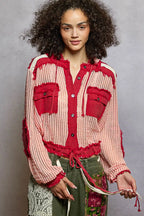 POL Texture Woven Button Down Hooded Shirt with Drawstring Hem