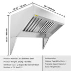 Commercial Exhaust Hood, 5FT Food Truck Hood Exhaust, 201 Stainless Steel Concession Trailer Hood with 2 Detachable U-shaped Grid Oil Filter Mesh, Rust Resistant Vent Hood for Kitchen Restaurant