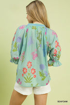 Umgee Floral Split Neck Puff Sleeve Top