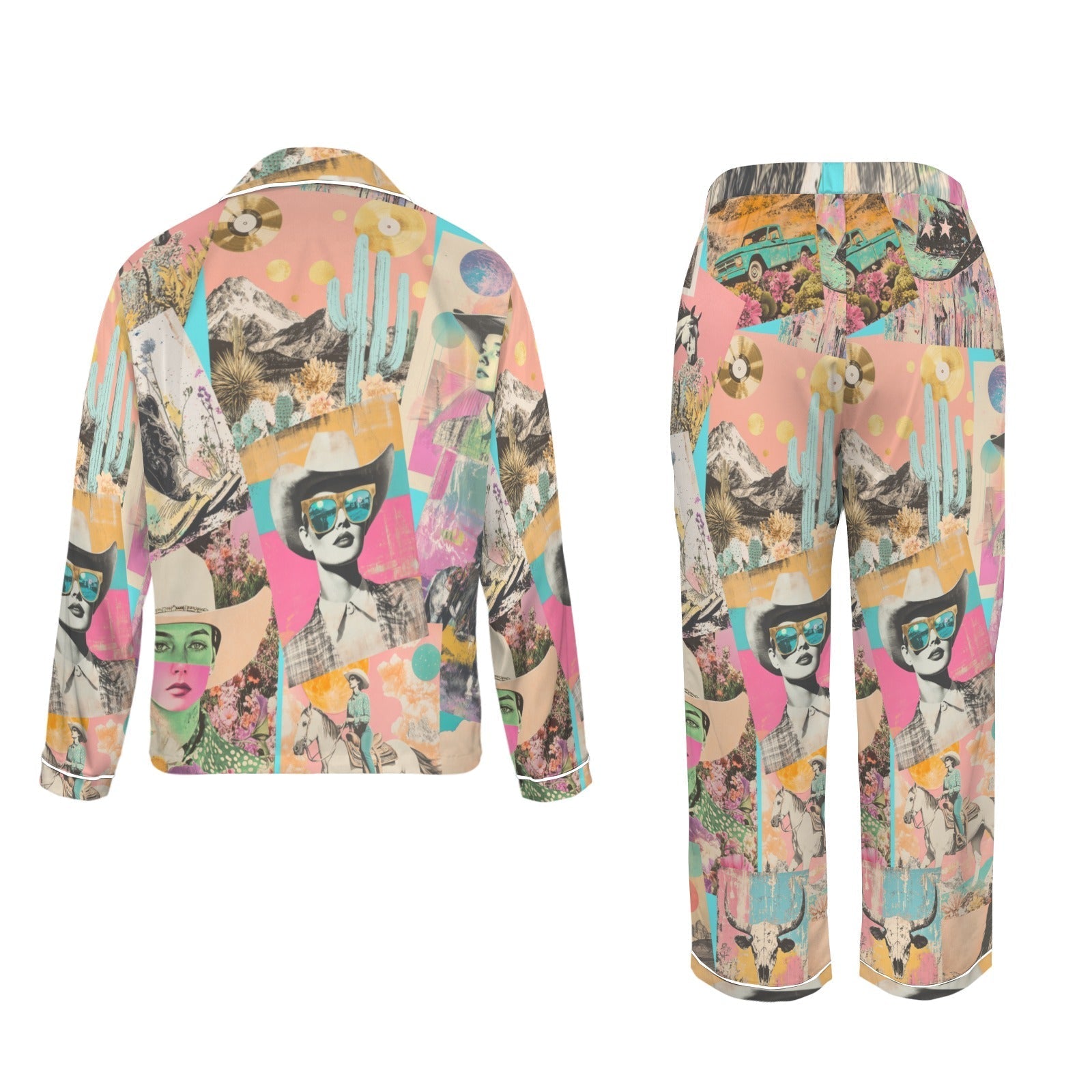 Baha Ranch Pop Western Collage Cowgirl Satin Pajamas Baha Ranch Western Wear