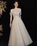 Soft champagne white gold grey evening Dress Skirt Slim Off Shoulder