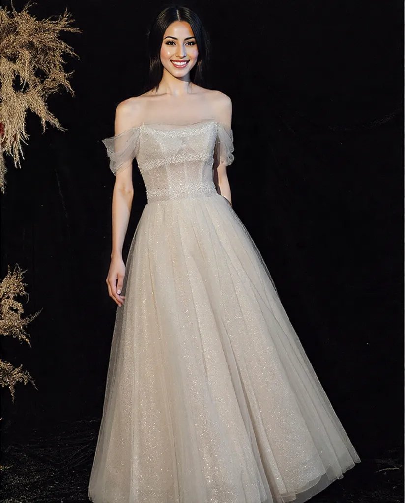 Soft champagne white gold grey evening Dress Skirt Slim Off Shoulder