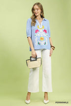 Umgee Mixed Media V-Neck Print Blouse