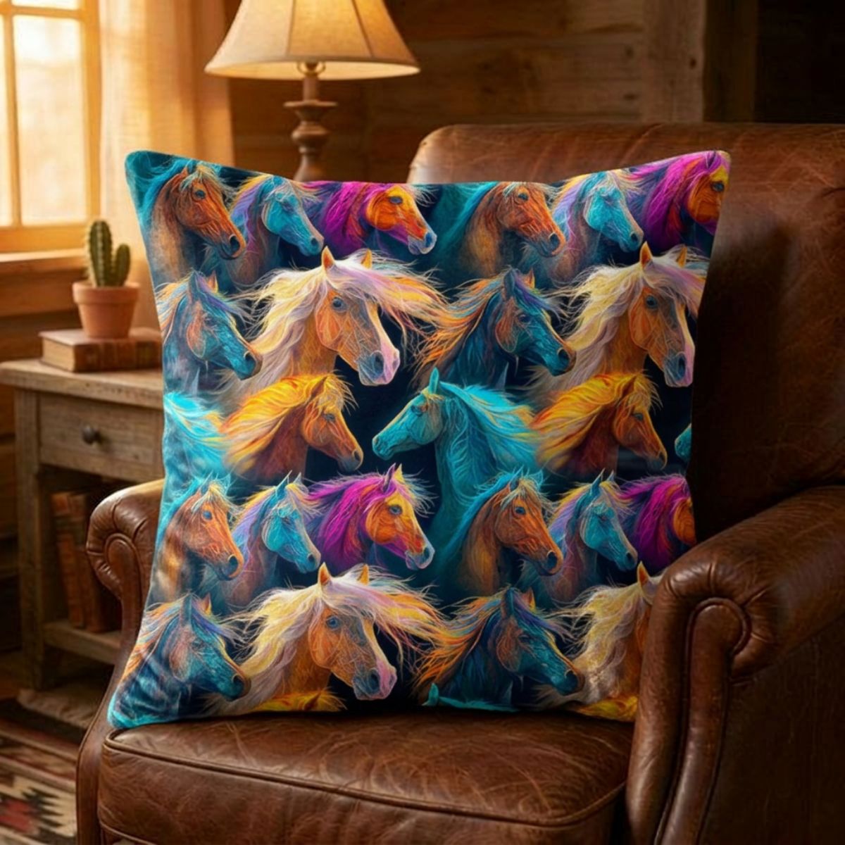 Baha Ranch Velvety Soft Colorful Horses Pillow Cover Made in America Baha Ranch Western Wear
