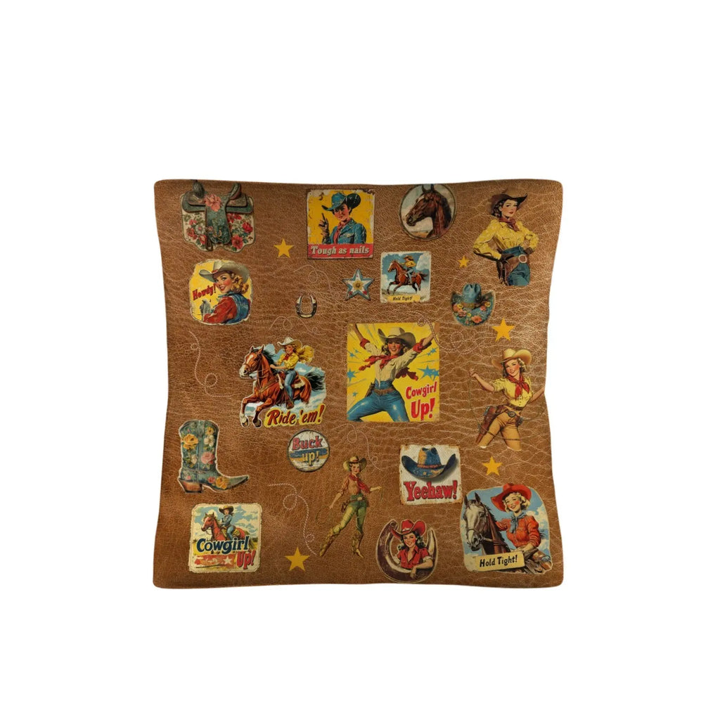 Vintage Cowgirl Collage Square Pillow Case 18x18 Made in America Baha Ranch Western Wear