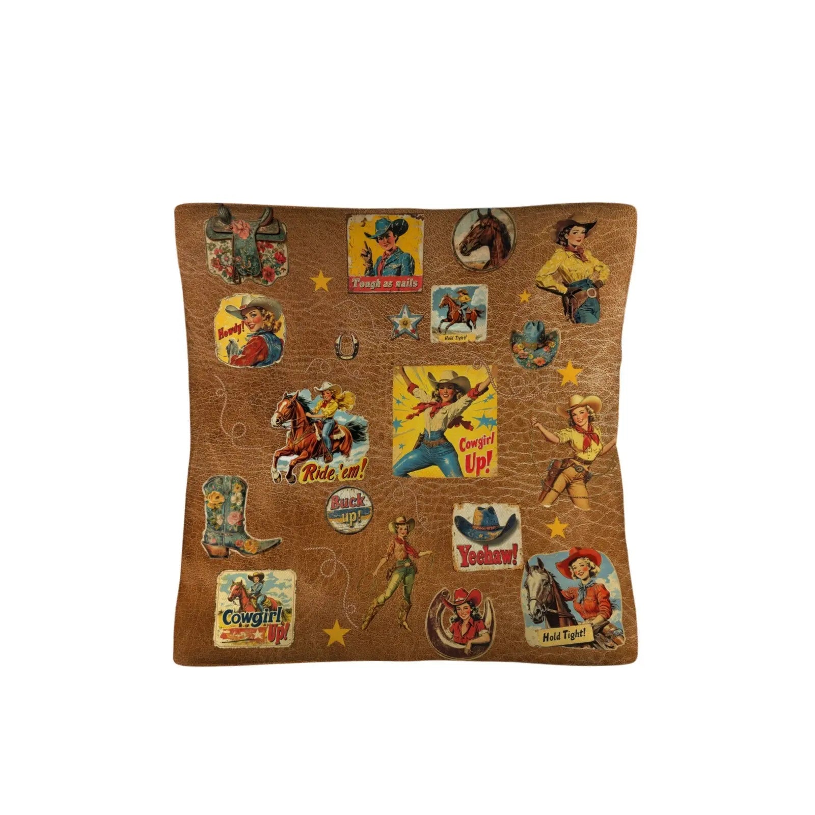 Vintage Cowgirl Collage Square Pillow Case 18x18 Made in America Baha Ranch Western Wear