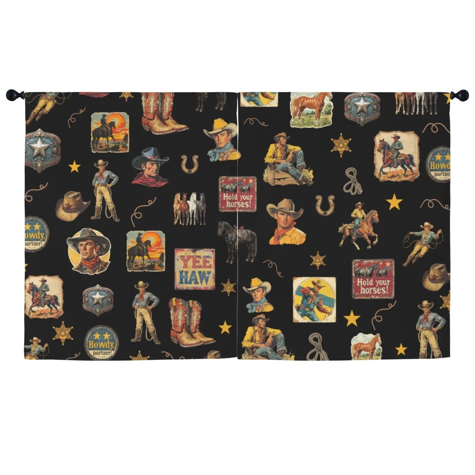 Vintage Cowboy Collage Western Curtains 52" x 63" Made in America Baha Ranch Western Wear