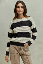 SO ME Openwork Round Neck Wide Stripe Textured Sweater