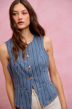 SO ME Stripe Slim Fit Button Front Denim Vest Top