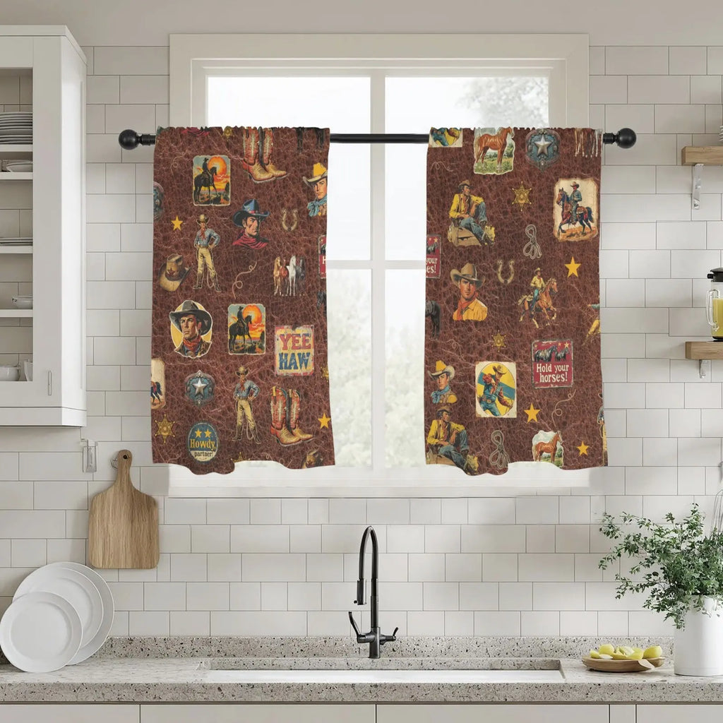 Vintage Cowboy Collage Western Curtains 28" x 40" Made in America Baha Ranch Western Wear