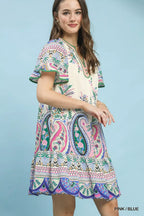 Umgee Paisley Flutter Sleeve Mini Dress